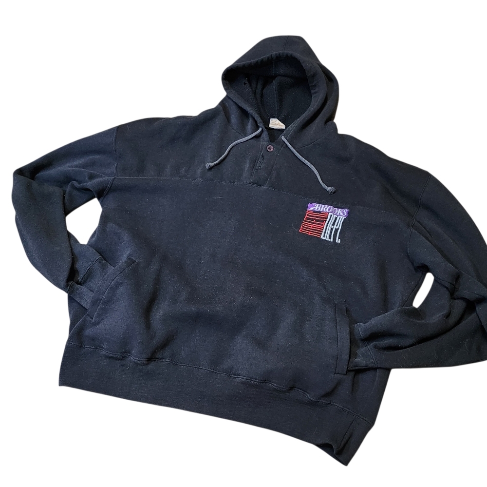 Black Hooded Brookes 90s Sweatshirt with Embroidered Patch And Uniquie 3 Buttons